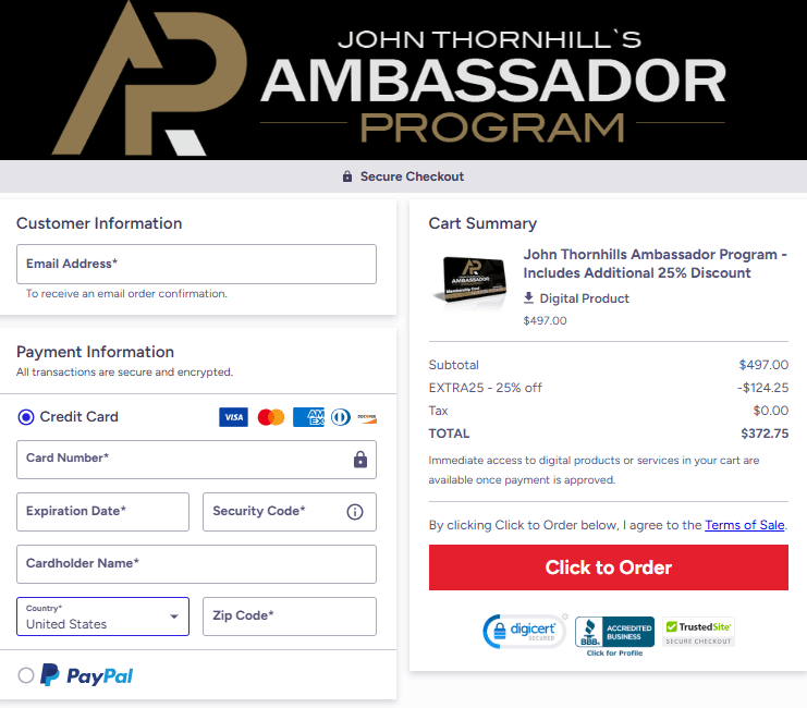 John Thornhill's Ambassador Program Checkout Page